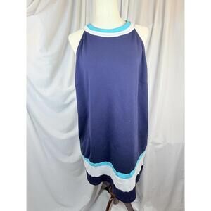 New York & Co Sleeveless Tank Dress Navy White Aqua Pockets 2XL 100% Cotton
